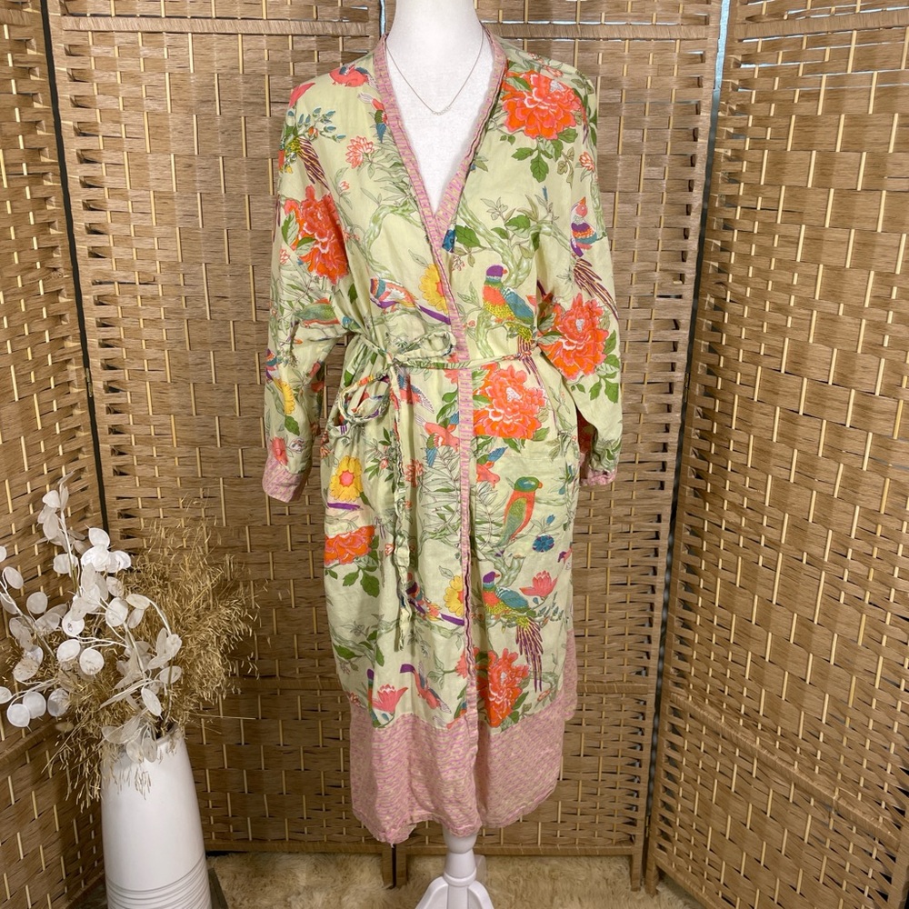 Floral & Parrot Cotton Kimono Robe in Lemon Green and Coral